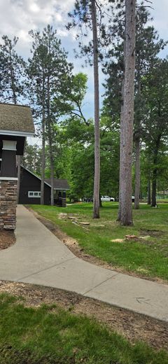 Concrete path beside brick building, with tall pine trees and green grass in a wooded area.
