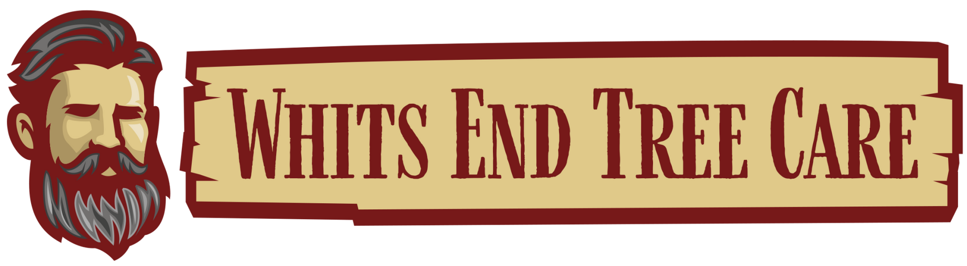 Logo for Whits End Tree Care with a bearded man illustration and maroon text on a beige background