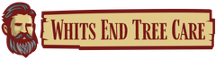 Logo for Whits End Tree Care with a bearded man illustration and maroon text on a beige background