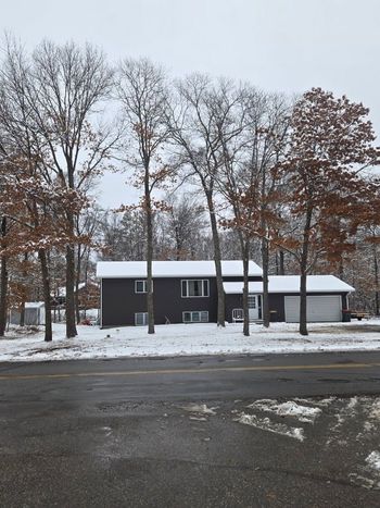 Snowy suburban street with a dark house, bare trees, and overcast winter sky