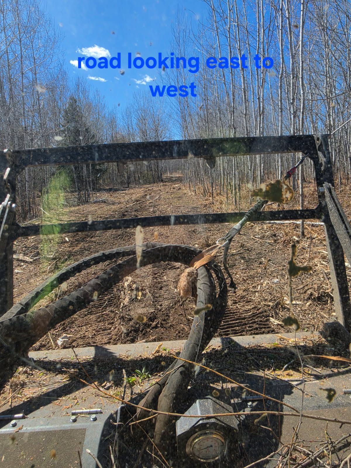 Road edge with fallen tree limbs, a guardrail, and a drainage culvert under a blue sky