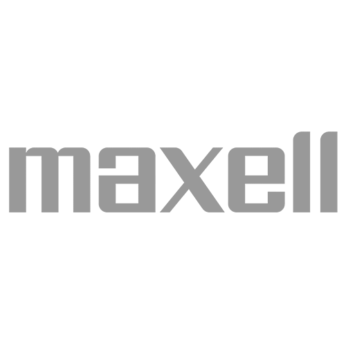 un logotipo de maxell en blanco y negro sobre un fondo blanco
