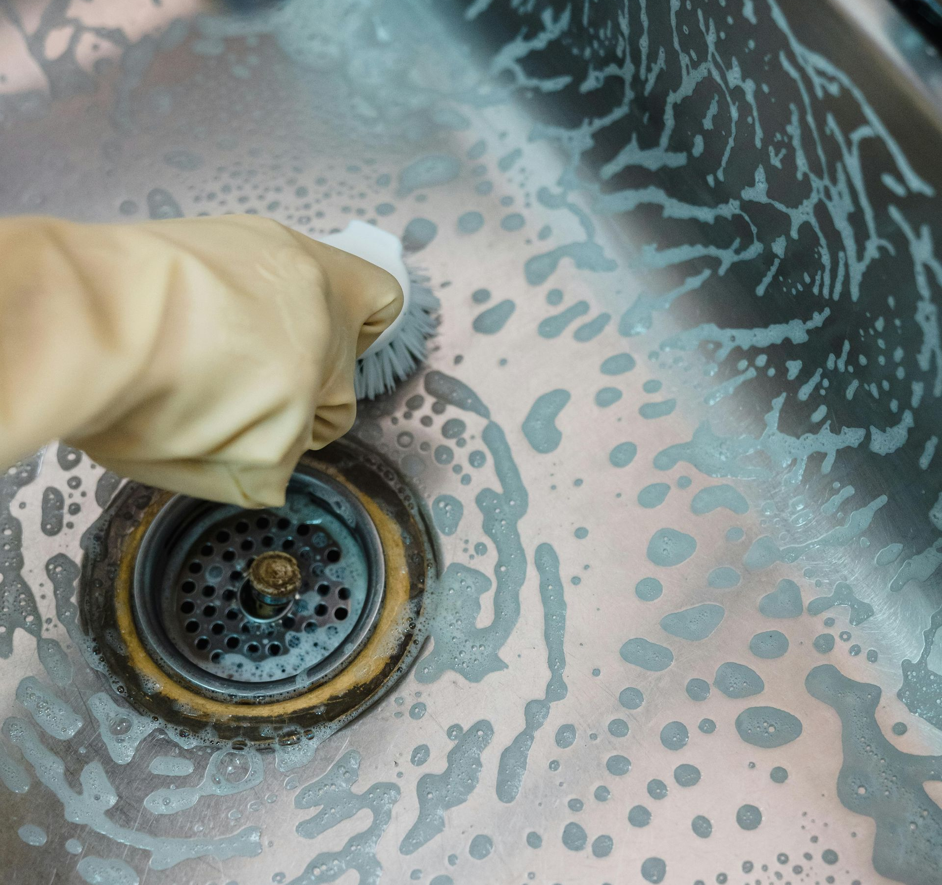 Gloved hand scrubbing a stainless steel sink with soap suds around the drain
