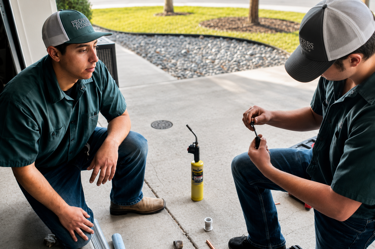 Two plumbers performing repair work with summer plumbing tips to help prevent costly plumbing issues