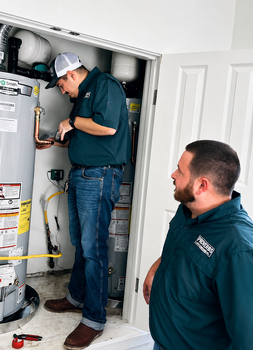 Two technicians inspecting a water softener in a closet, one standing on a step stool.