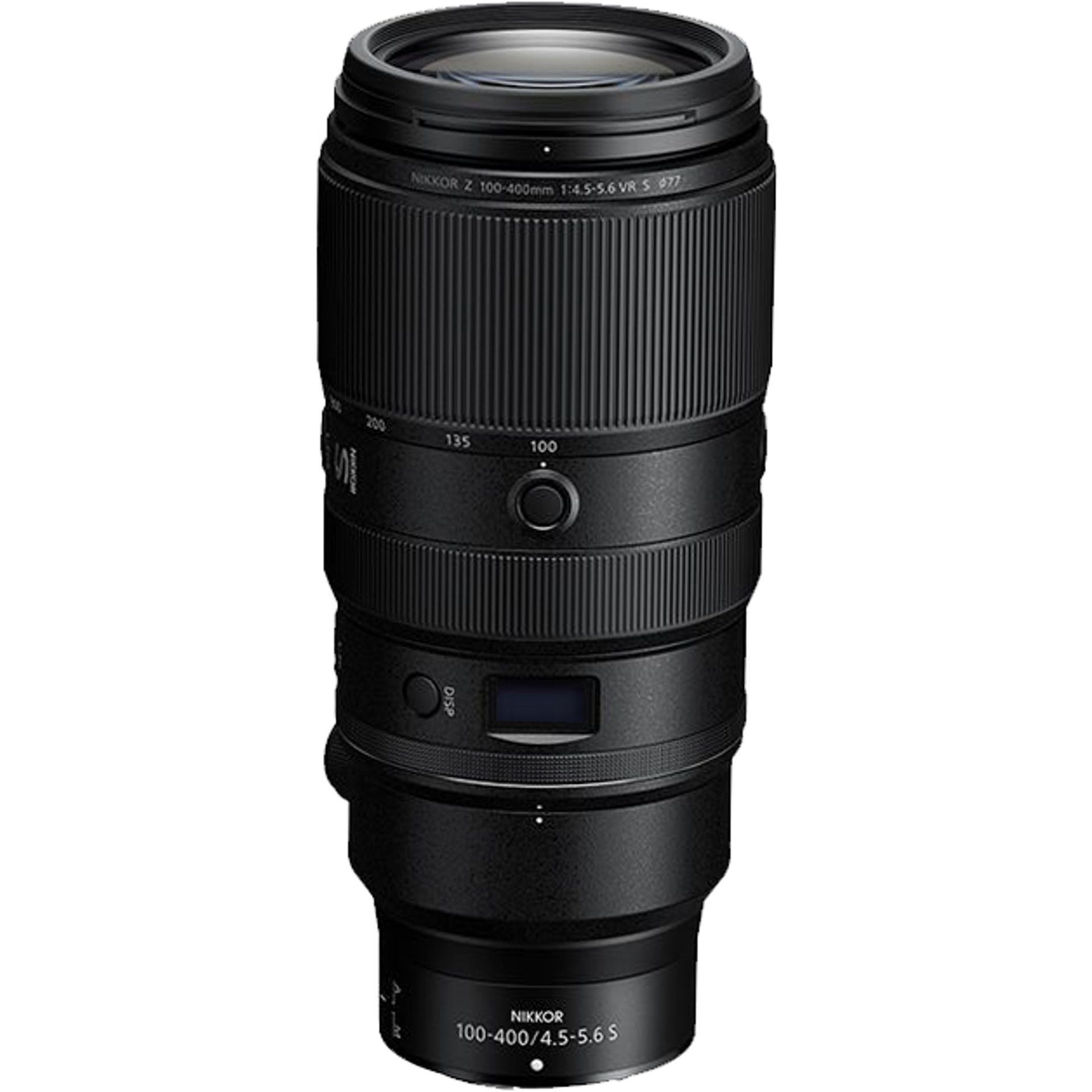 Un objectif zoom Nikon est affiché sur un fond blanc.