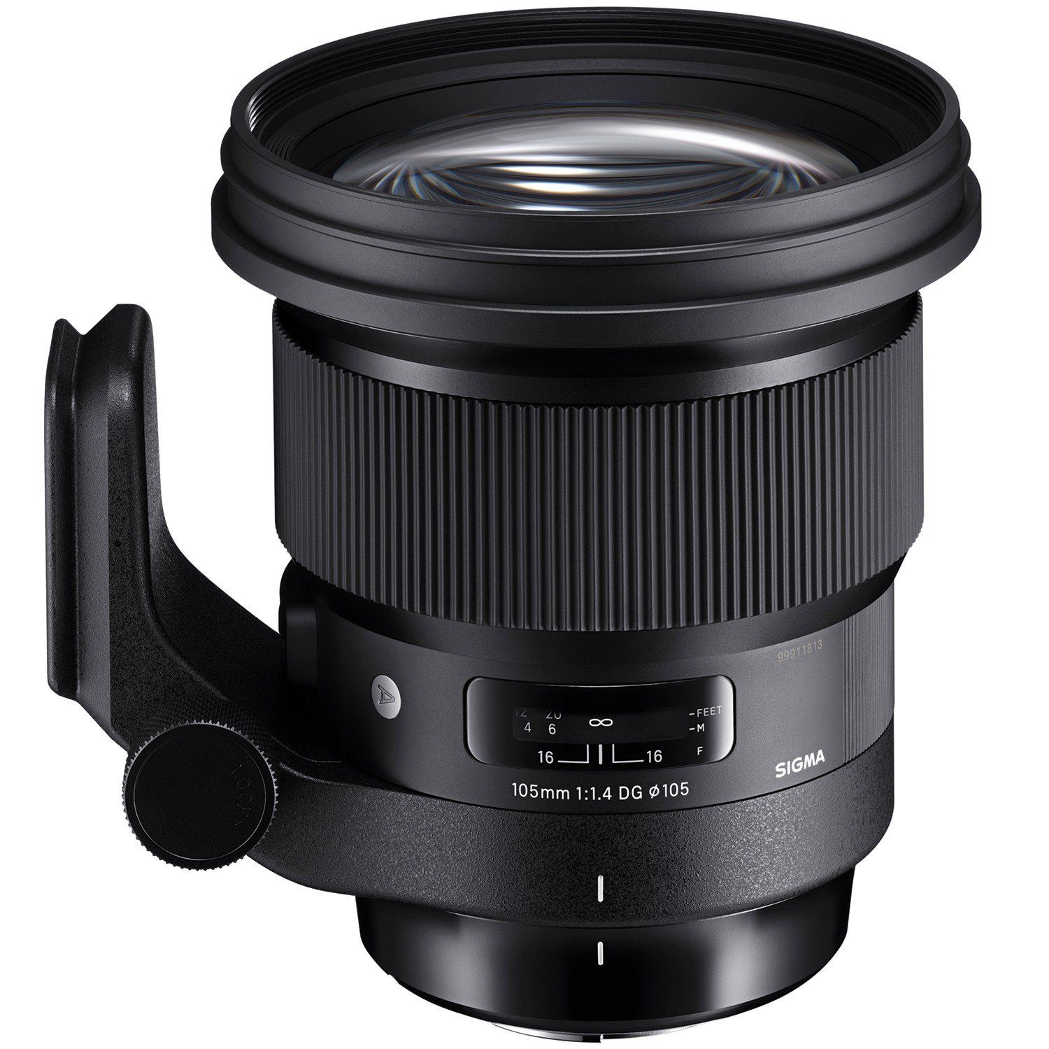 A close up of a sigma lens on a white background
