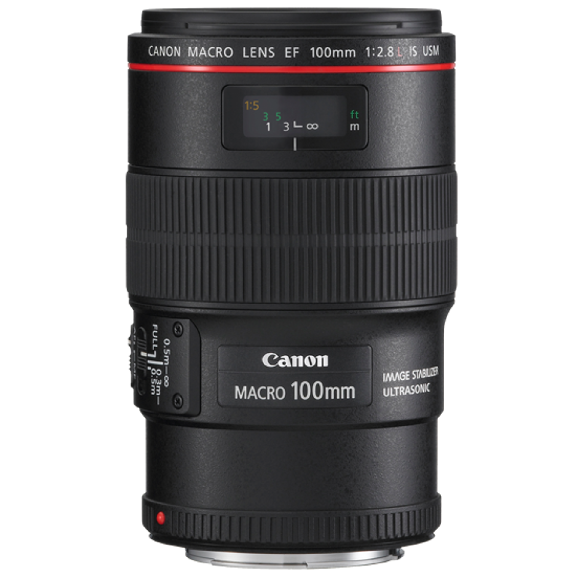 Un objectif macro canon est affiché sur un fond blanc