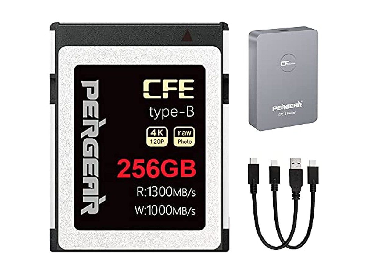 A 256gb cfe type b card with a charger and two cables.