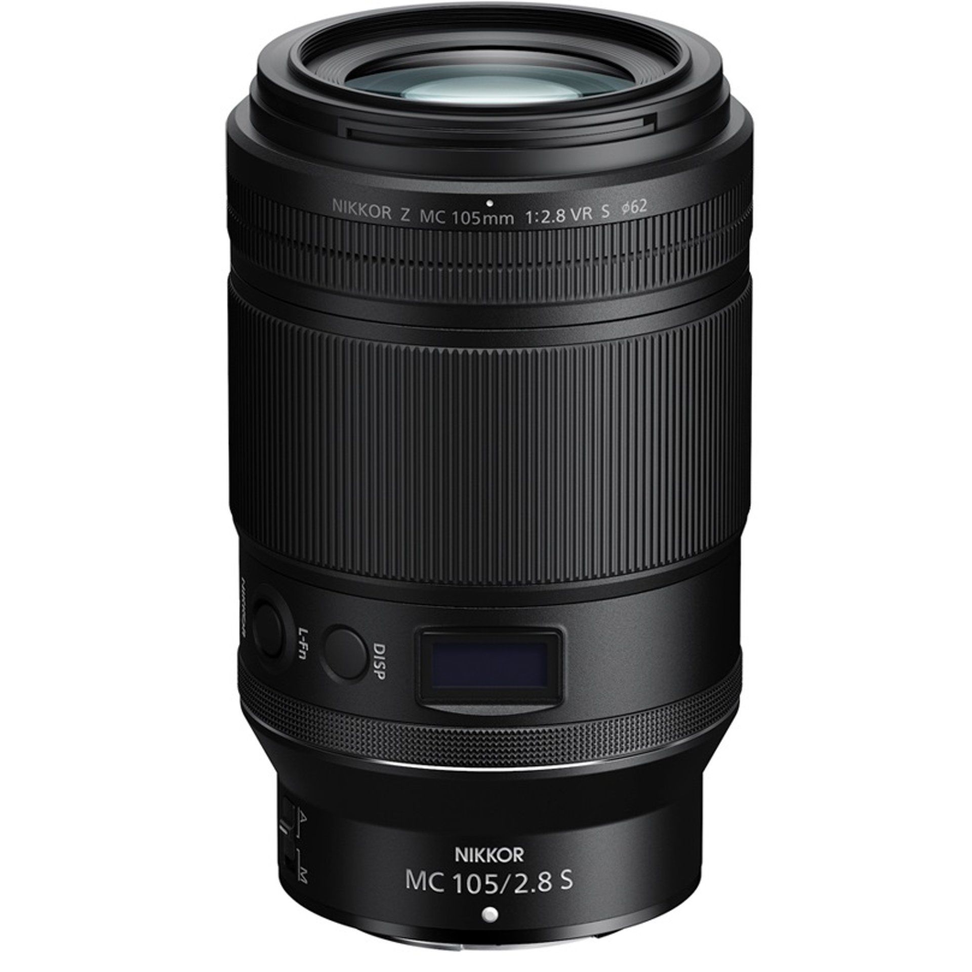 Un objectif Nikon mc 105 2,8 s est présenté sur un fond blanc.