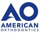 The logo for american orthodontics is blue and white.