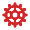 Un engrenage rouge avec un centre blanc sur fond blanc.