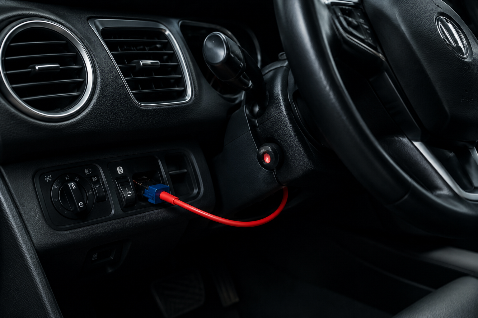 Car dashboard with red charging cable plugged into the console