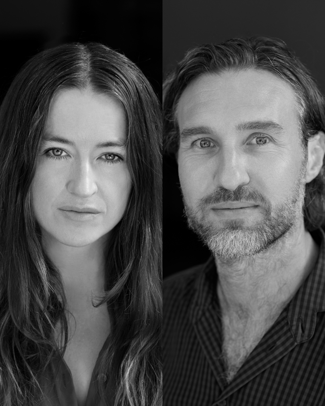 Two black-and-white studio portraits of a long-haired woman and a bearded man side by side