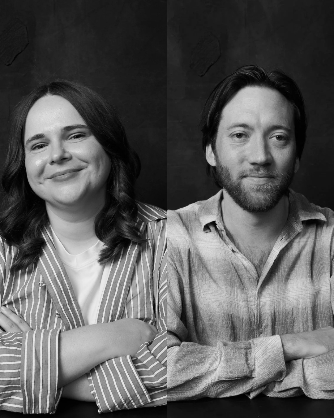 Two black-and-white studio portraits side by side: a smiling person in a striped blazer and a bearded person in a button-up shirt.