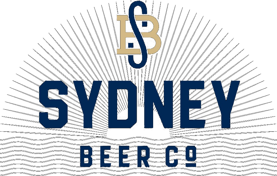 Sydney Beer Co logo in navy and gold with radiating line pattern