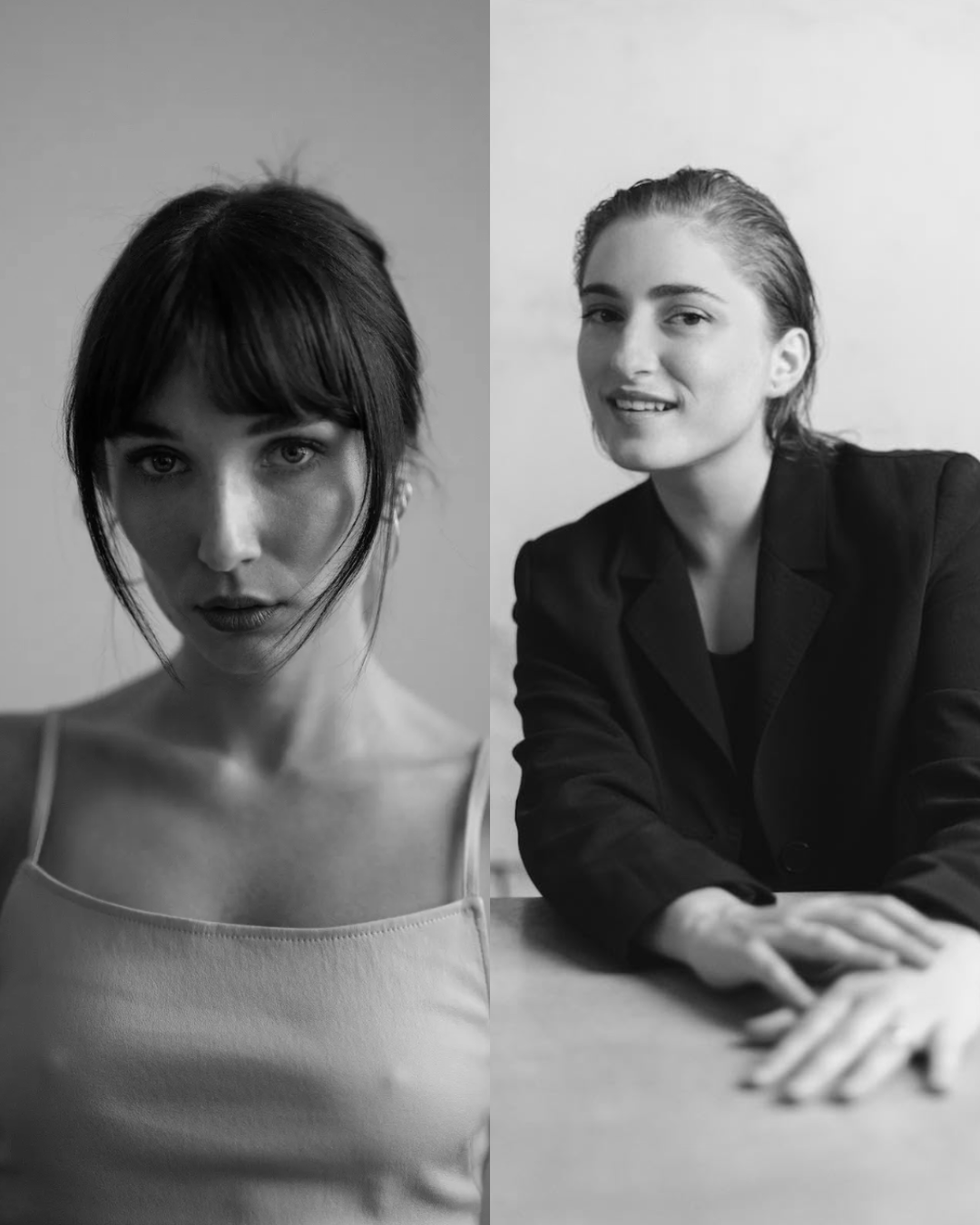 Black-and-white split portrait of two women, one facing forward and one smiling at a table.