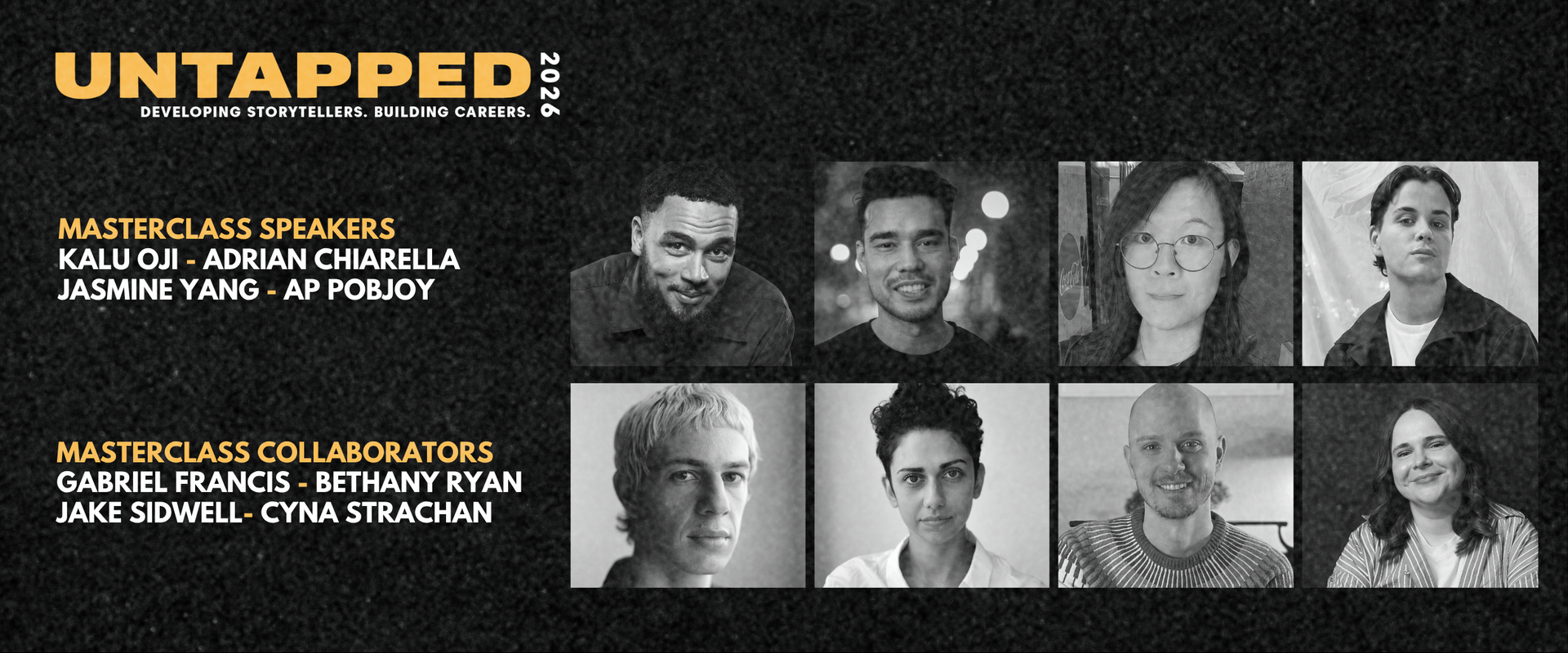 Untapped logo with 8 black-and-white employee portraits and names on a dark background.