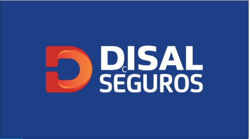 Logotipo da DISAL Seguros em fundo azul, com ícone laranja-avermelhado e texto branco.