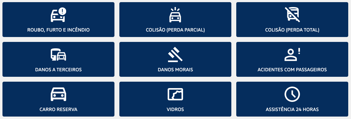Grade azul com oito botões de ícones brancos e pequenas etiquetas de texto, semelhante a um menu de serviços.