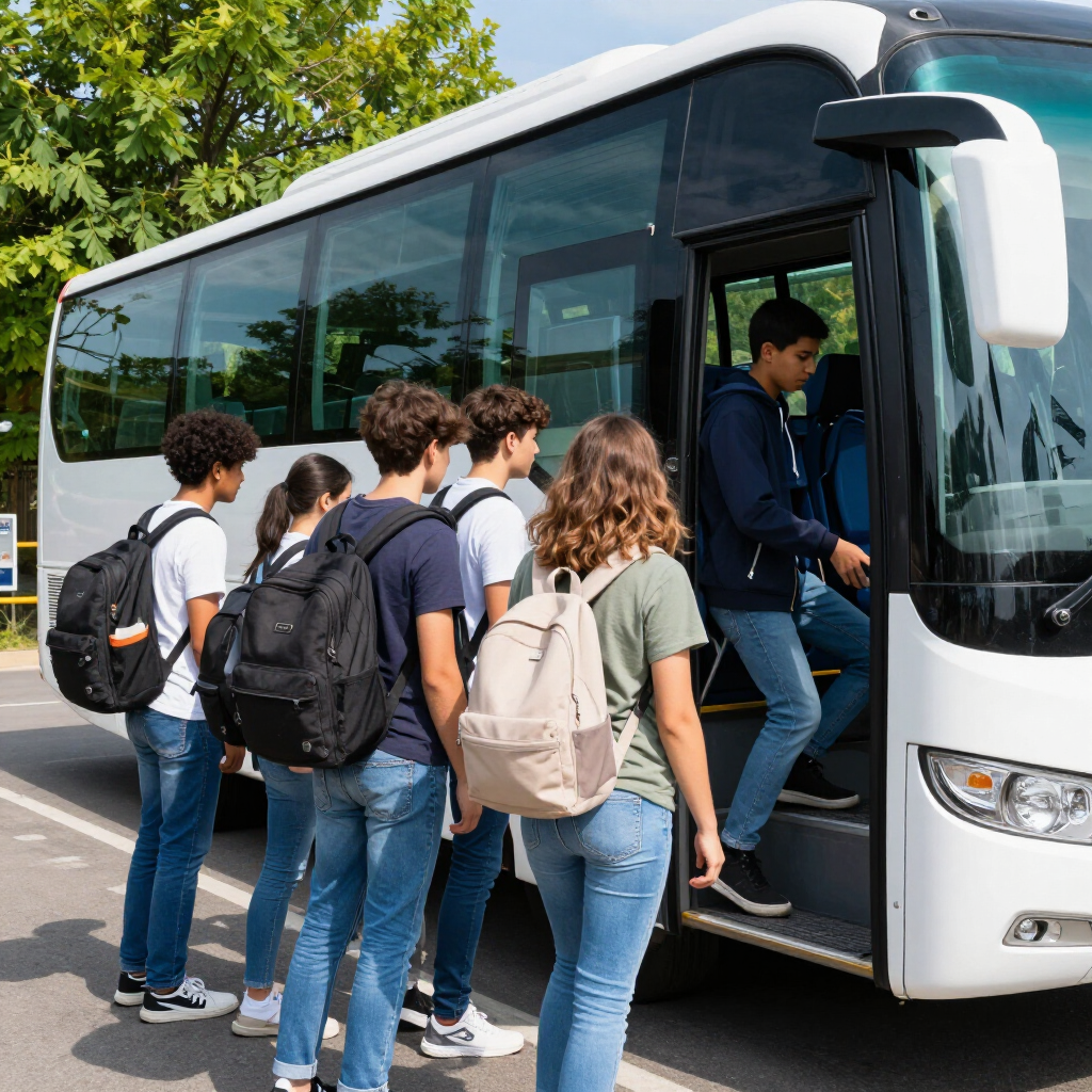 Estudantes embarcando em um ônibus branco na calçada, carregando mochilas ao ar livre.