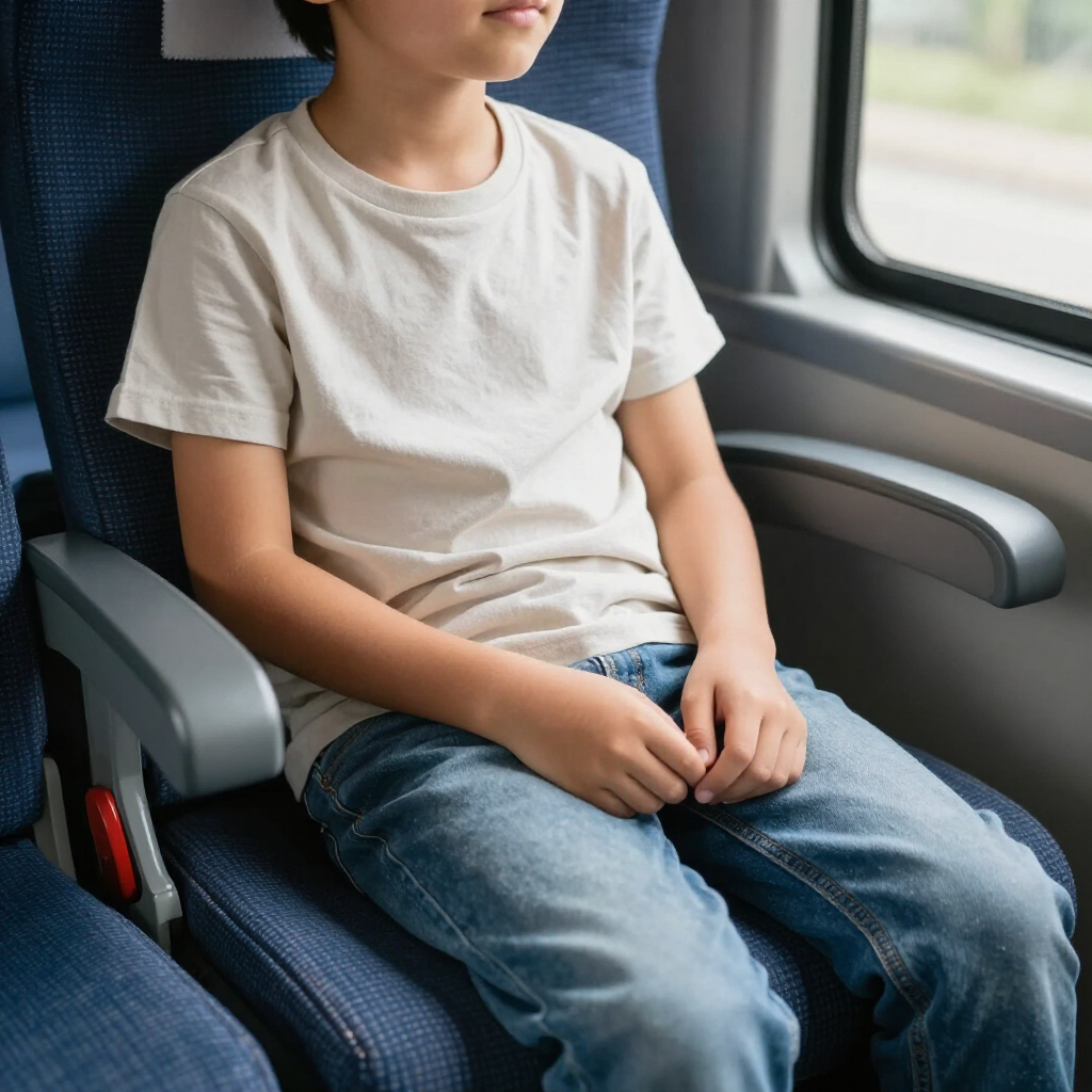 Criança sentada em um assento de trem perto da janela, vestindo camiseta branca e calça jeans.