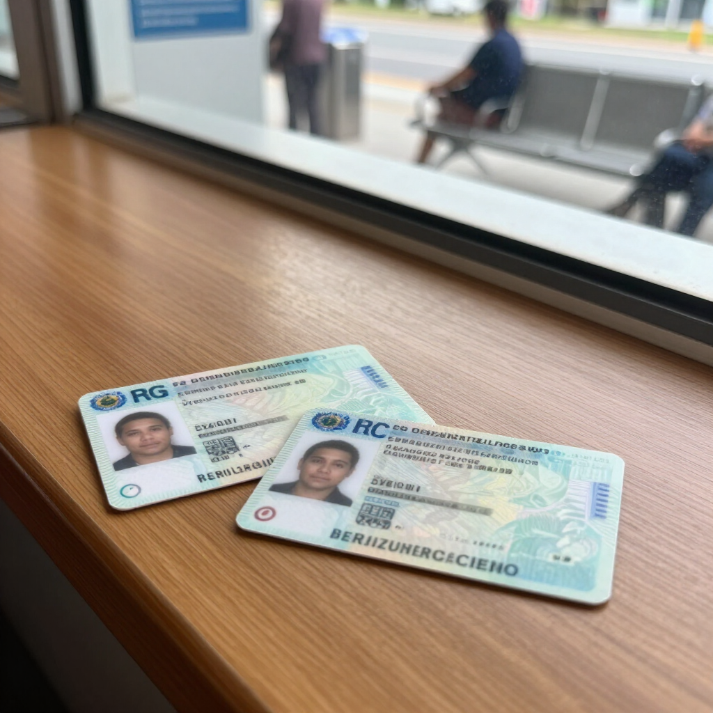 Dois cartões de identificação sobre uma mesa de madeira perto de uma janela, com uma área de espera desfocada ao fundo.
