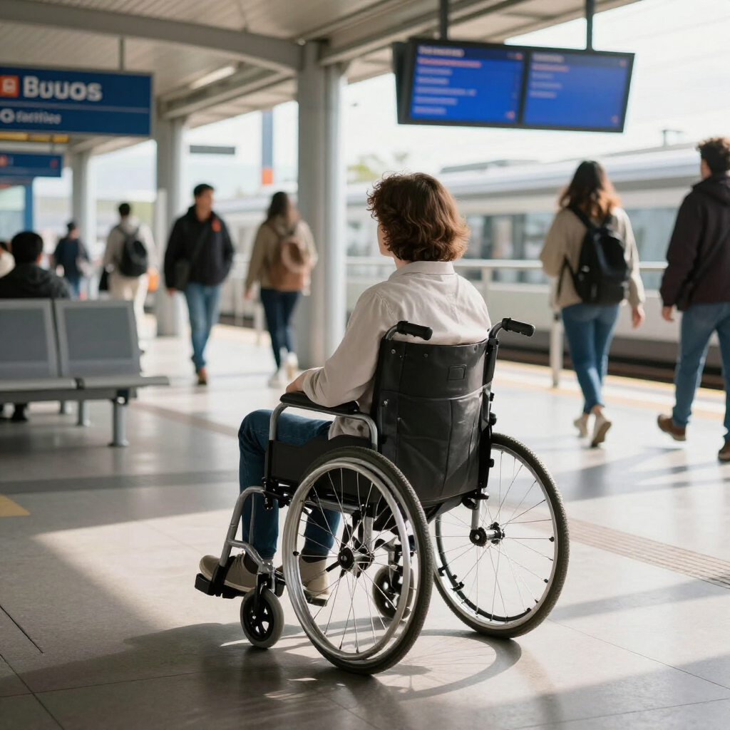 Pessoa em cadeira de rodas em um terminal de aeroporto, de frente para os painéis de partidas