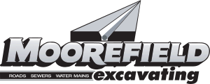 A logo for moorefield excavating roads sewers water mains