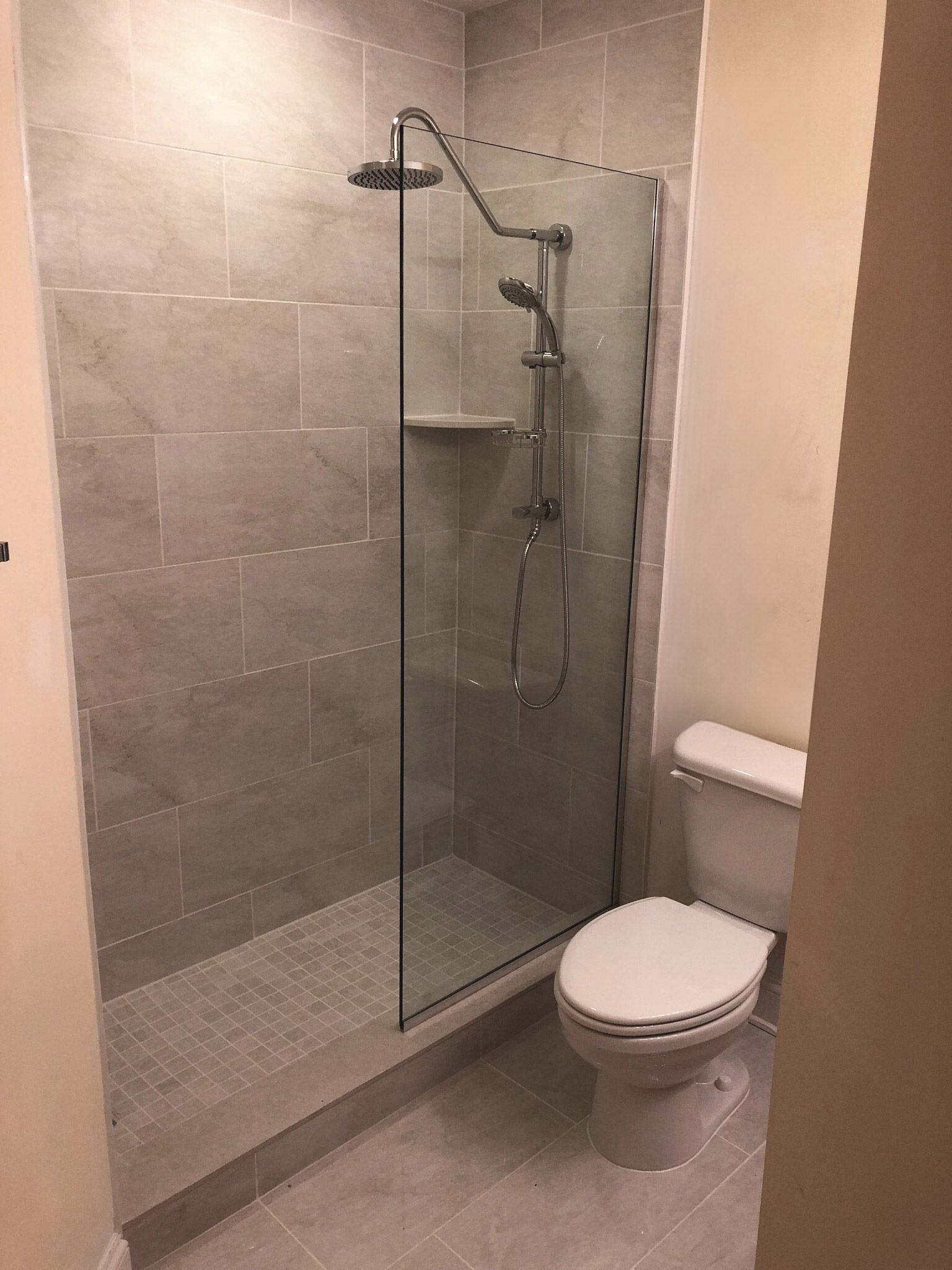 A bathroom with a toilet and a walk in shower.