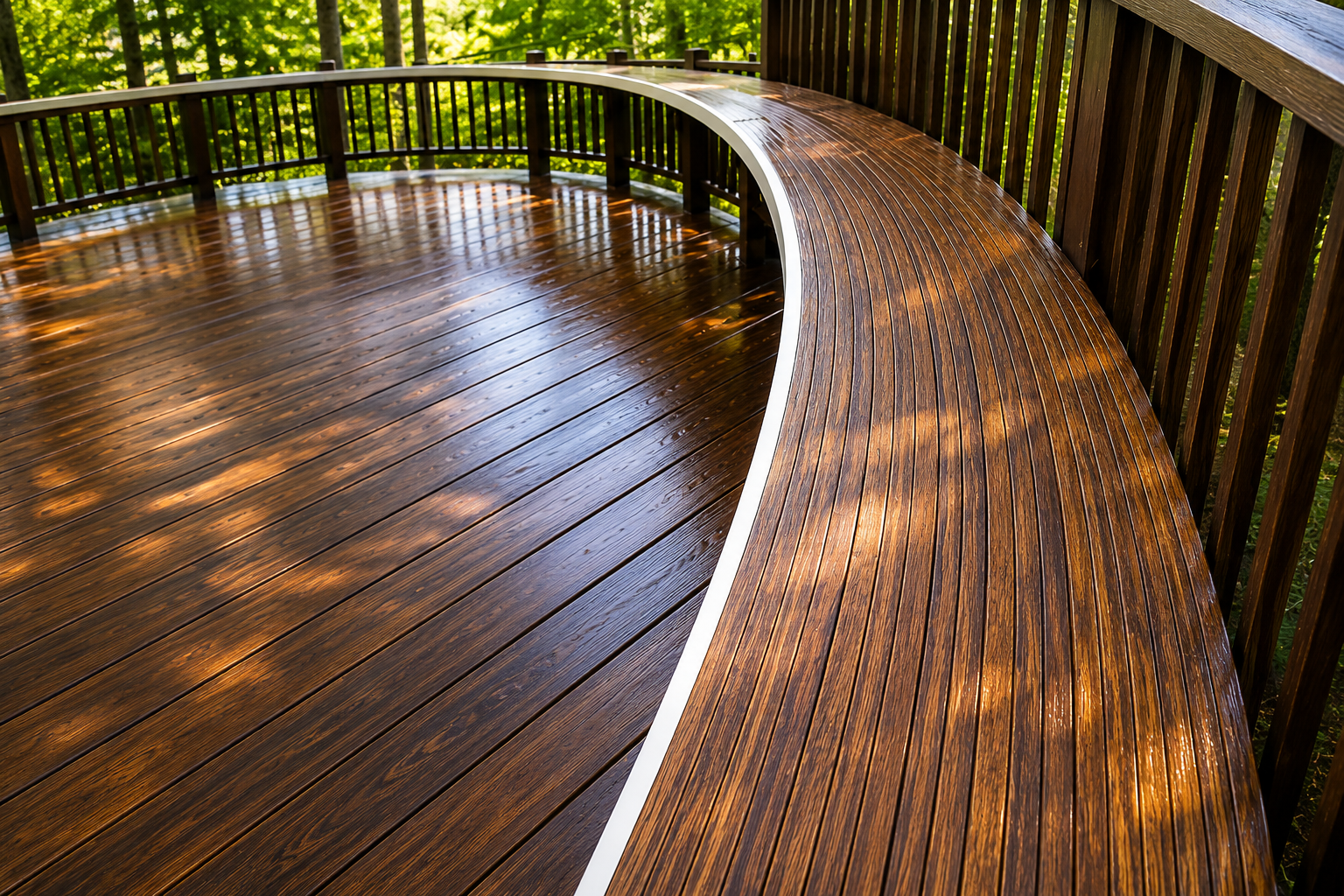Curved wooden boardwalk with a glossy wet surface and metal railing in a forest.