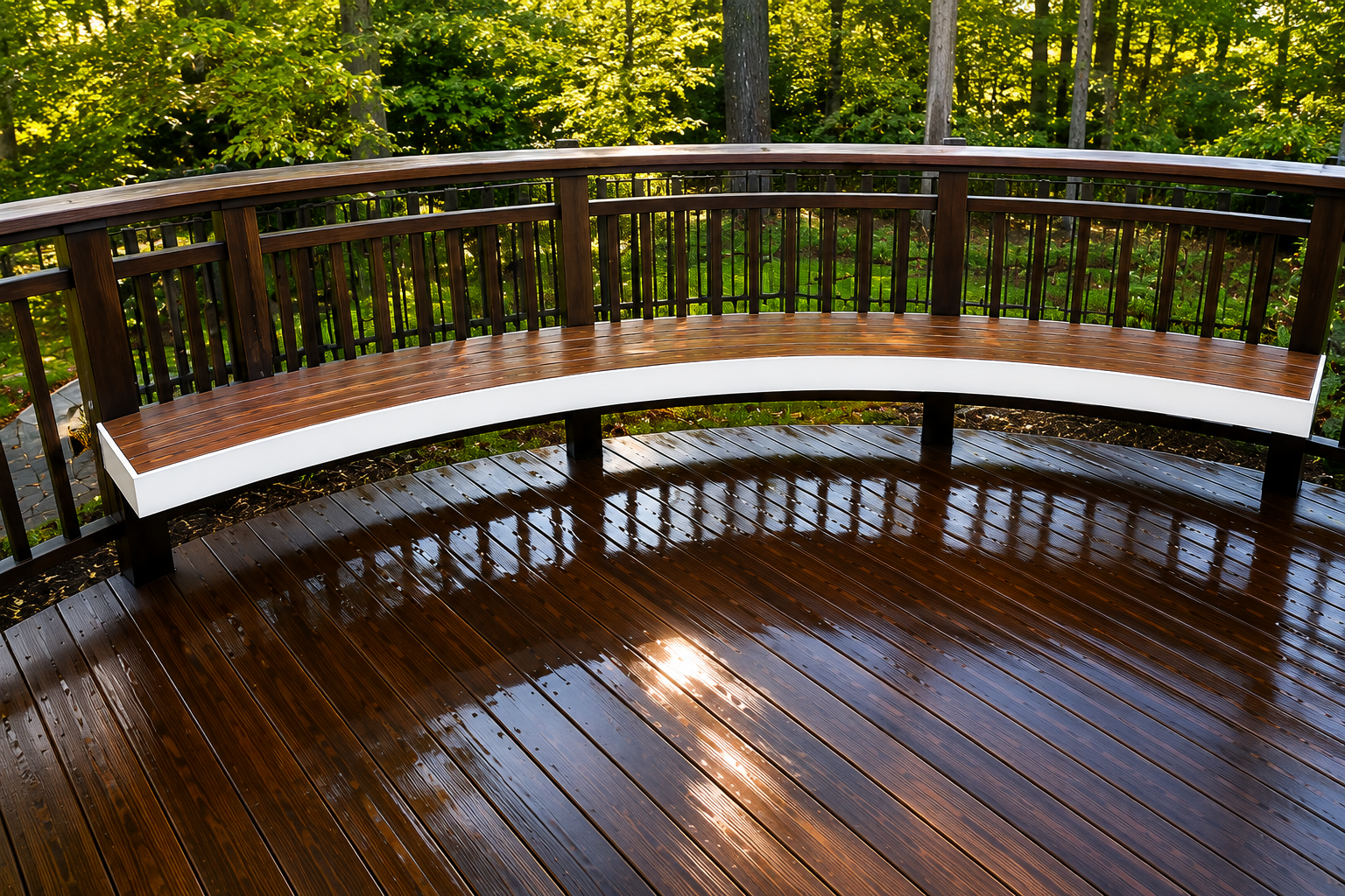 Curved wooden deck with wet floor and railing, overlooking lush green trees after rain