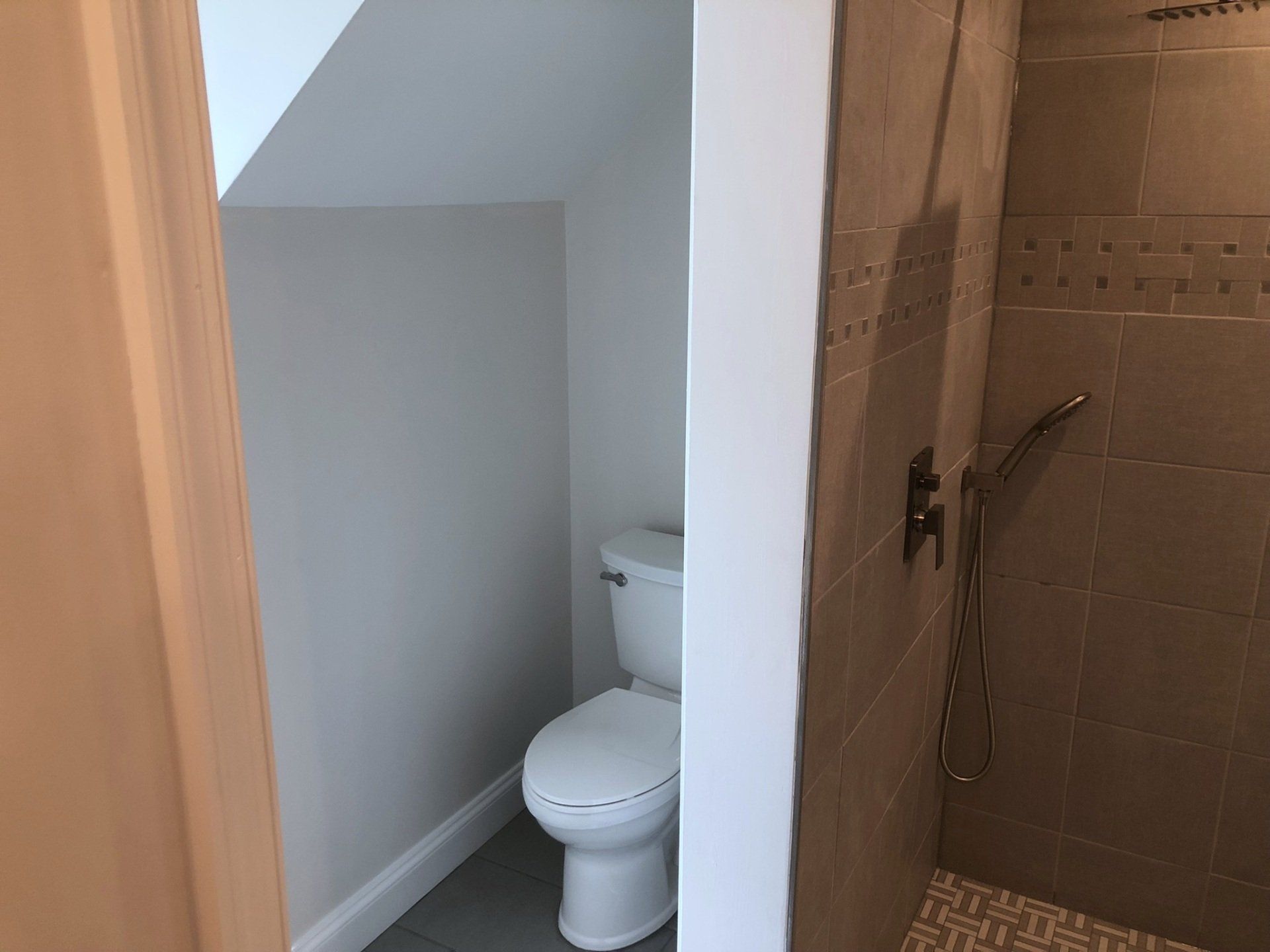 A bathroom with a toilet and a walk in shower.