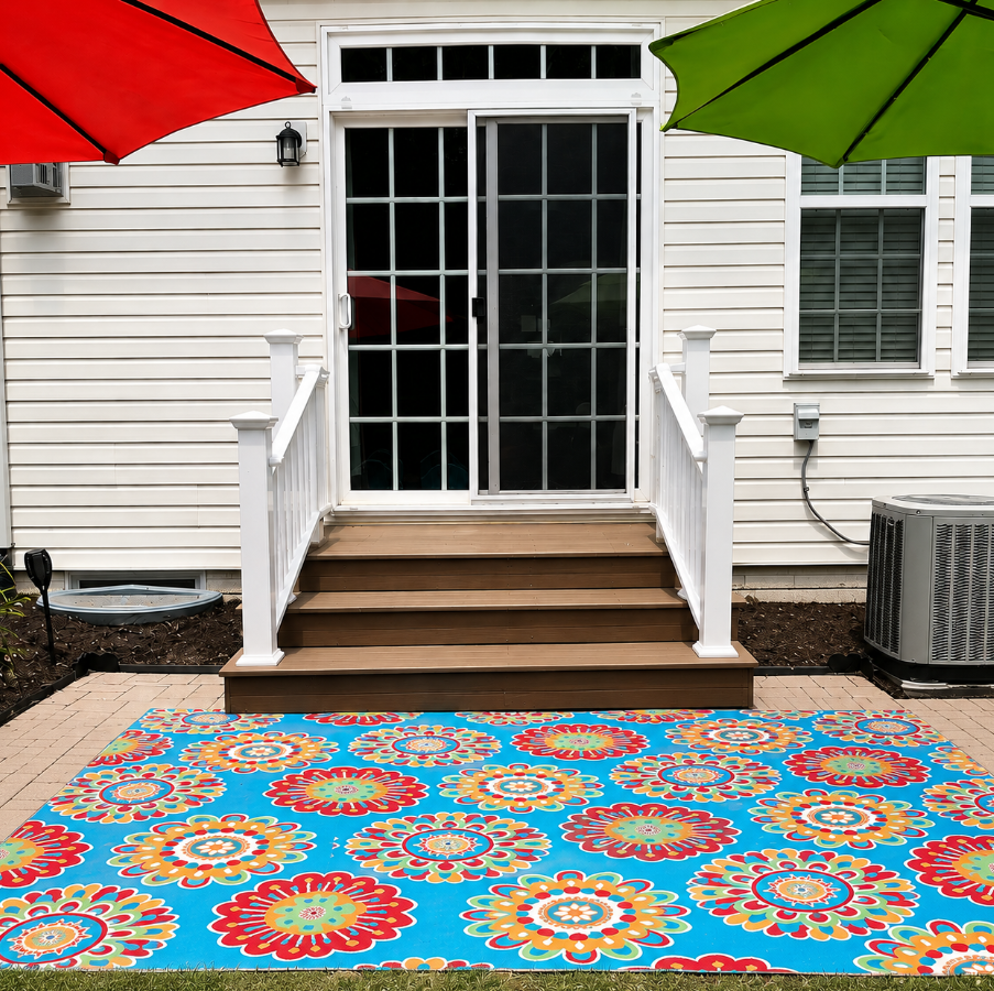 Colorful floral outdoor rug on patio beneath a sliding glass door and patio umbrellas