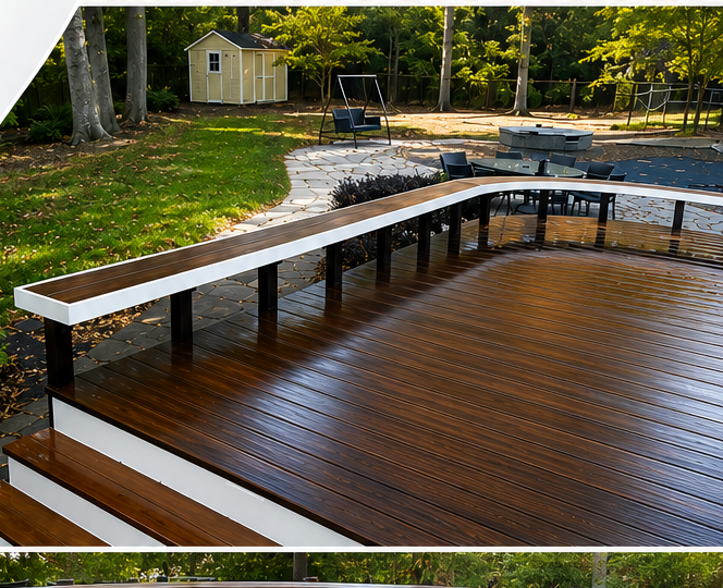 Curved wooden deck with white railing in a tree-lined backyard, near a small shed and fire pit area