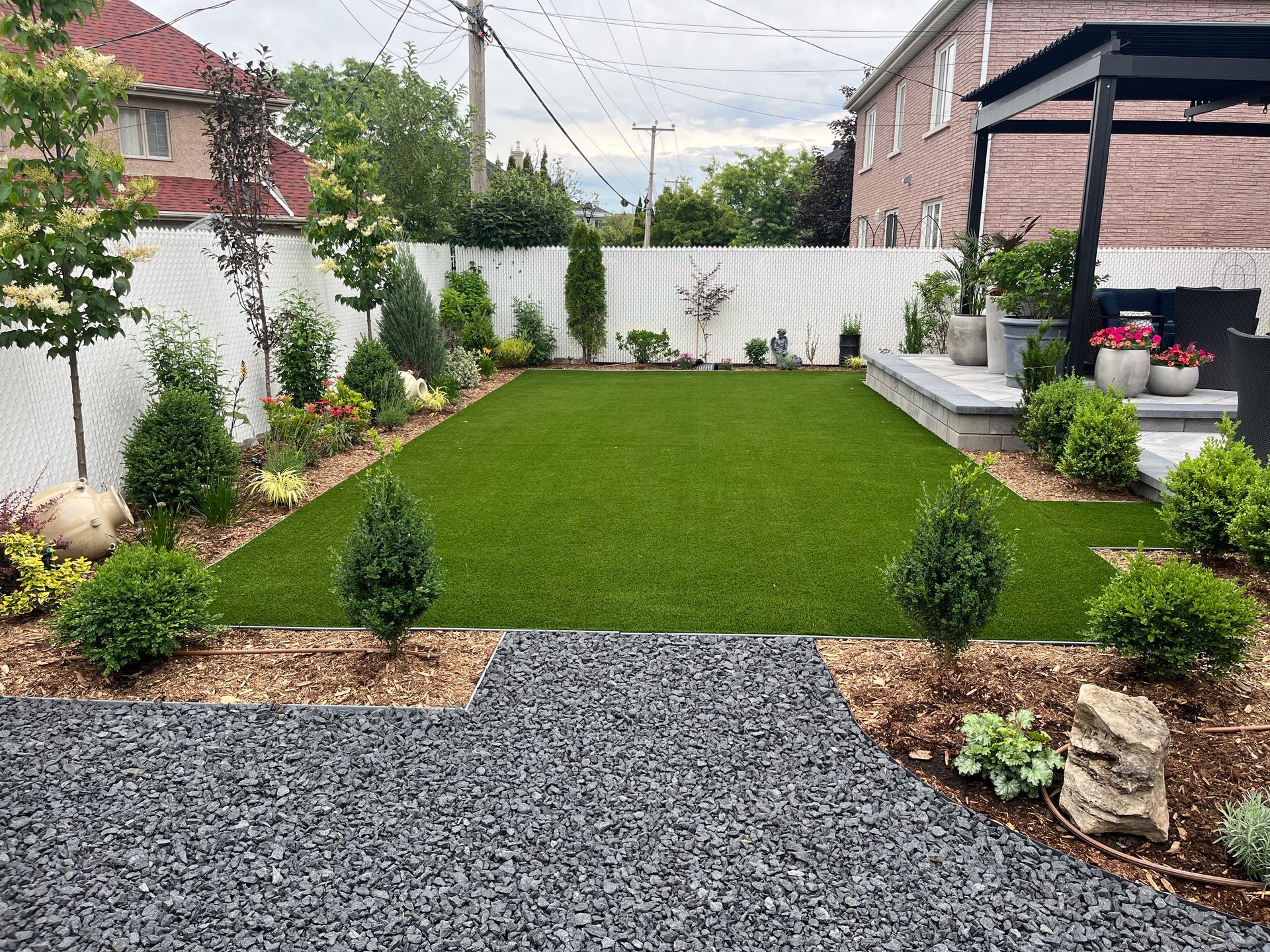 A backyard with a lush green lawn surrounded by trees and bushes.