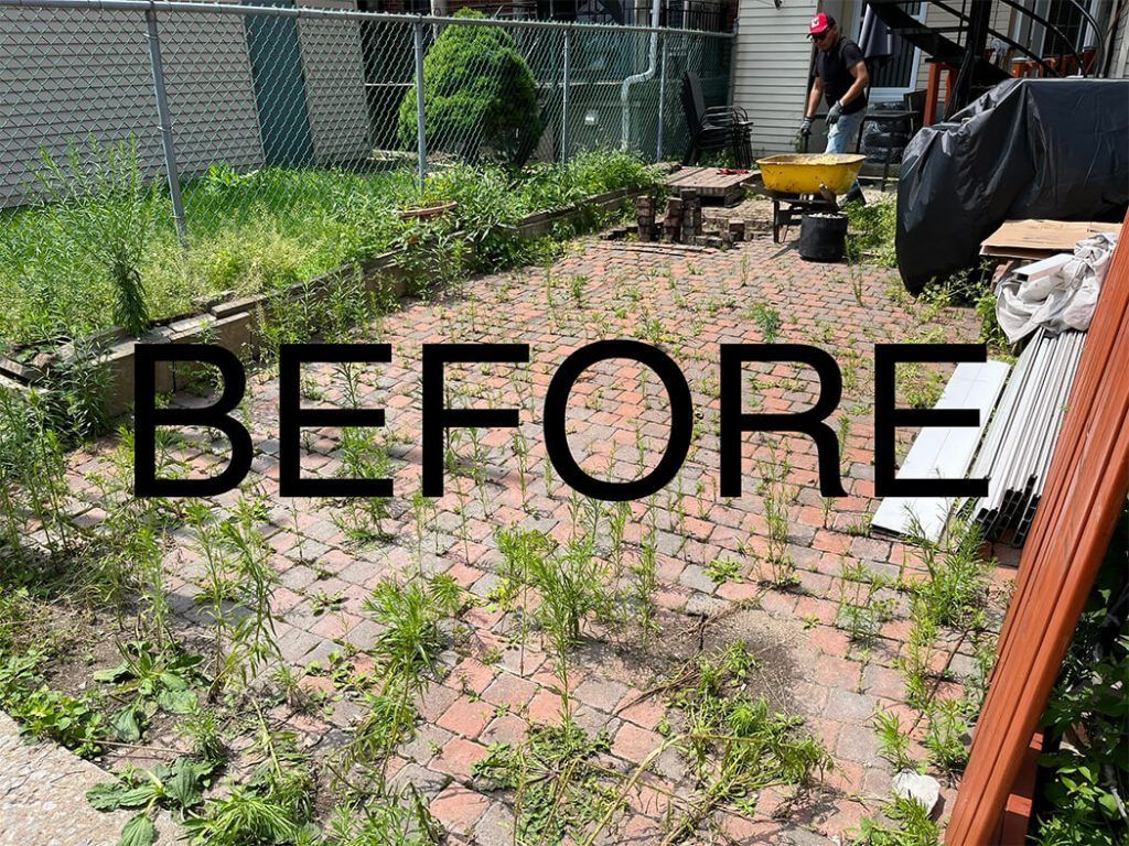 A picture of a backyard with the words `` before '' written on it.
