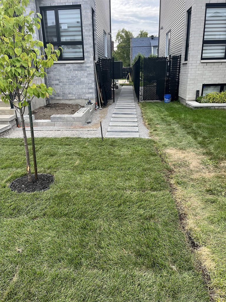 A lush green lawn with a walkway leading to a house.