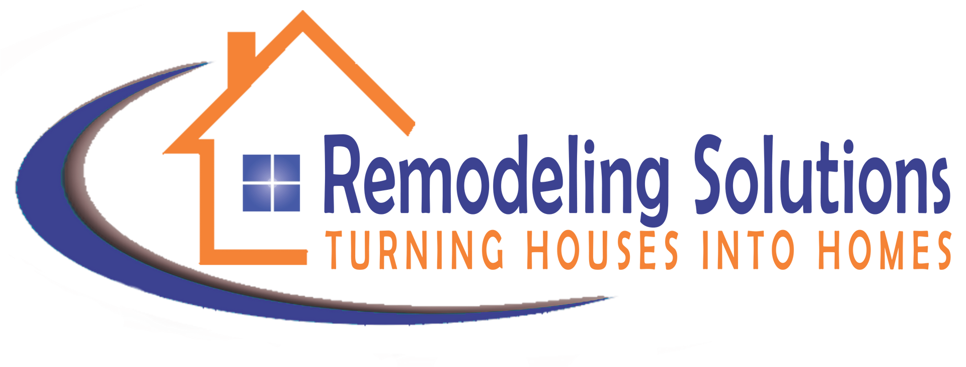Remodeling Solutions logo with orange house roof, blue swoosh, and tagline “Turning Houses Into Homes”