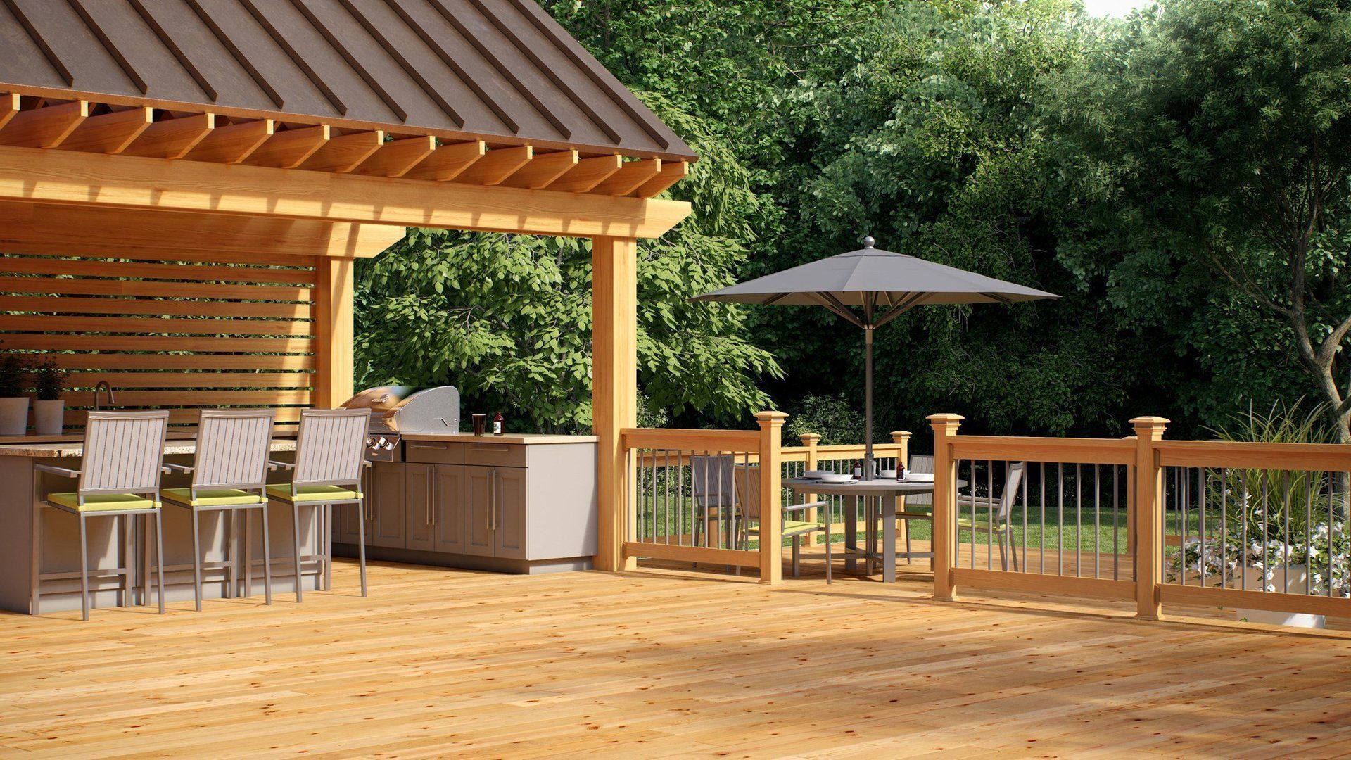 Wooden deck patio with dining table, bar seating, and umbrella beside a wooded backyard
