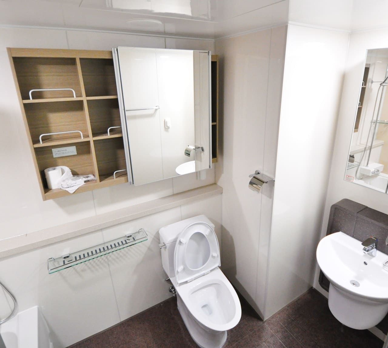 Small white bathroom with toilet, sink, mirror cabinet, and tiled walls.