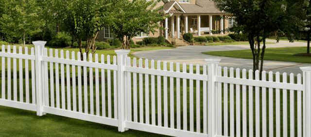 White picket fence along a green suburban yard with a house in the background