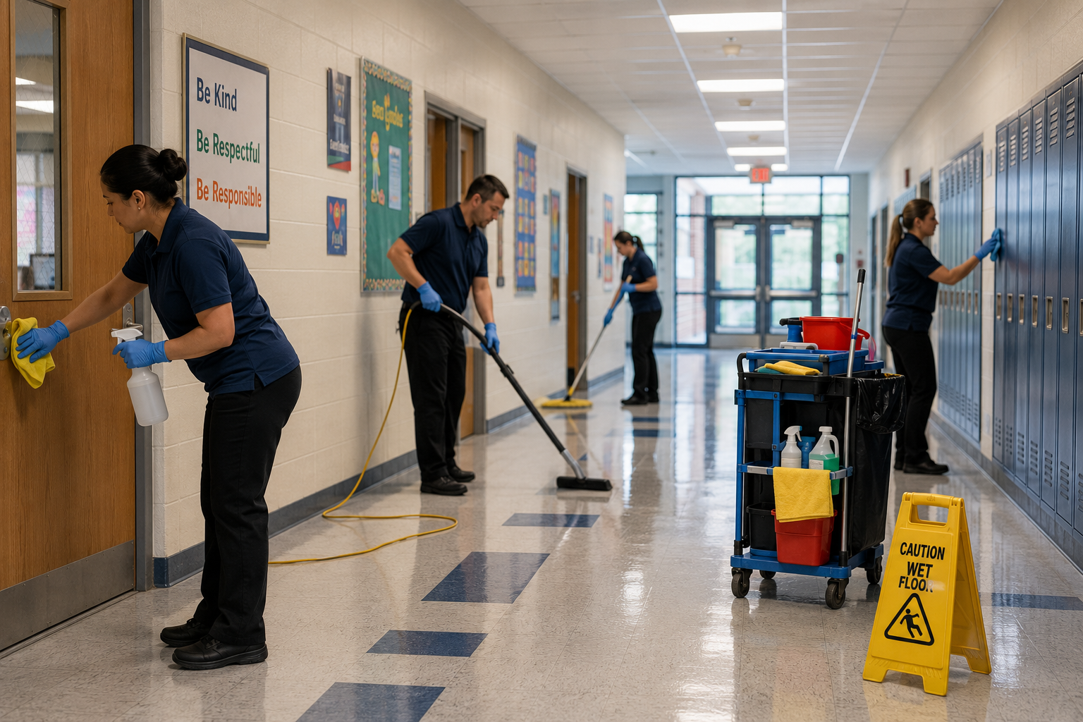 Custodians mopping a school hallway with blue lockers and a wet floor sign nearby