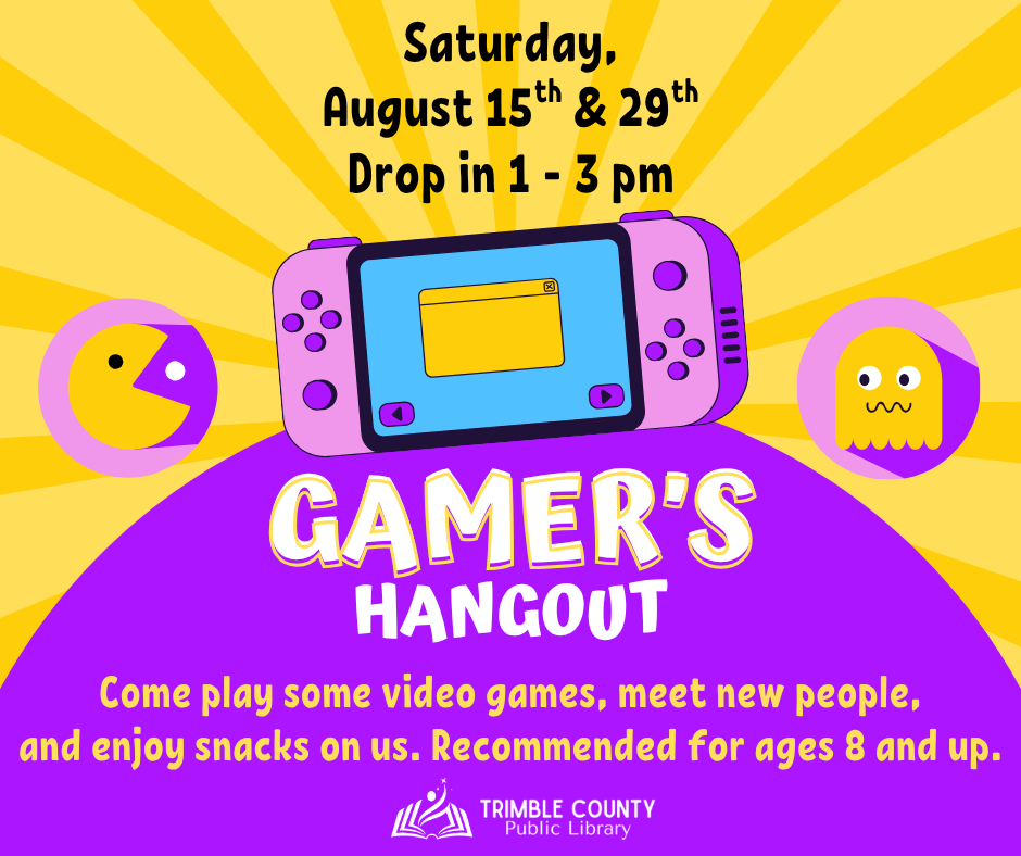 Gamer’s Hangout flyer with purple game console, yellow backdrop, and event details for Aug. 15 and 29, 1–3 pm