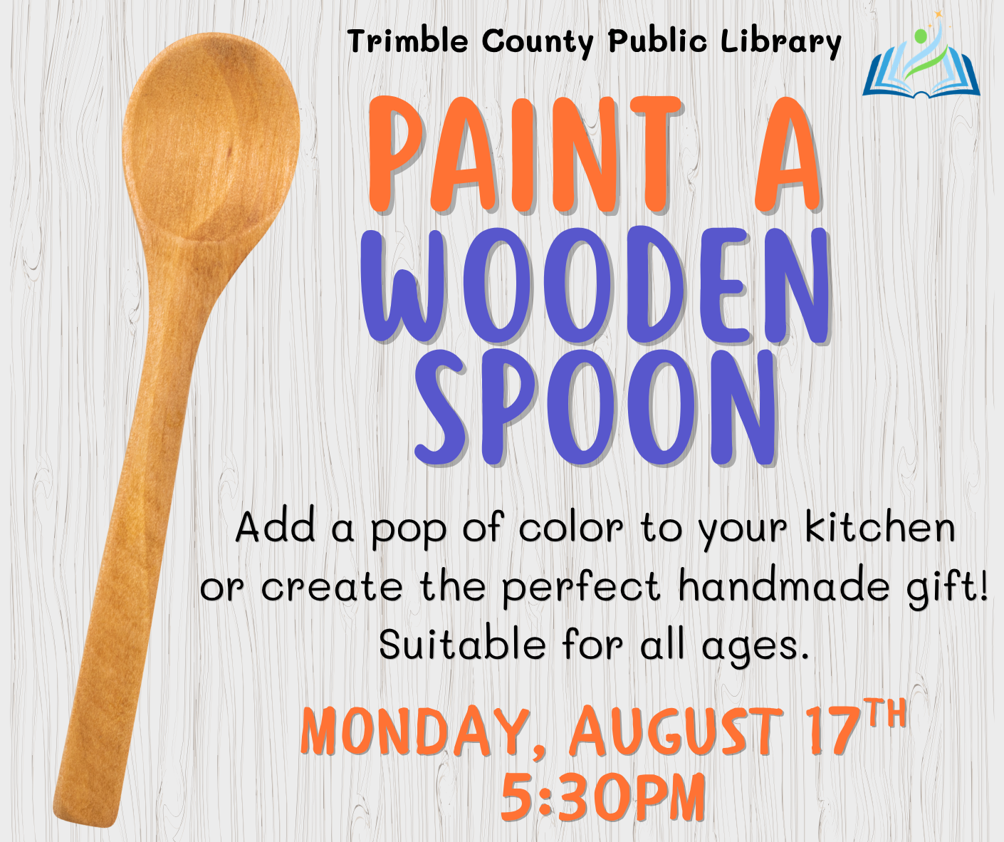 Trimble County Public Library ad for a paint-a-wooden-spoon craft event, Monday August 17 at 5:30 PM