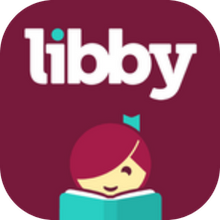 A logo for libby with a girl reading a book