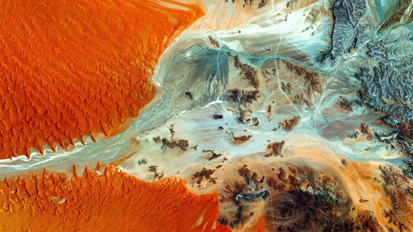 Aerial view of Namib Desert mineral rivers, abstract orange and teal