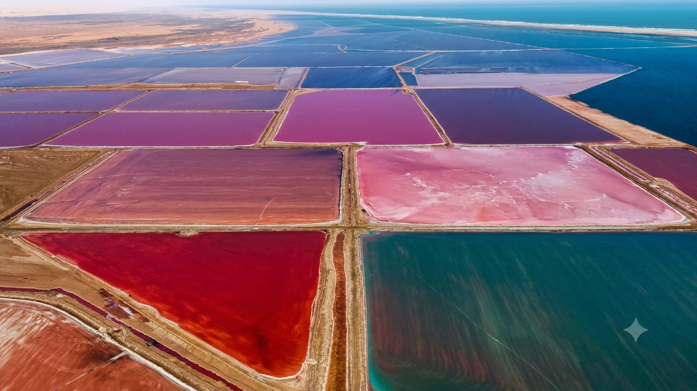 Aerial view of salt pans near Walvis Bay, Namibia, vivid red, pink and blue evaporation pools