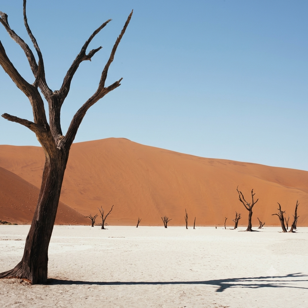 Dead Vlei, Namibia, ancient camel thorn trees against red dunes