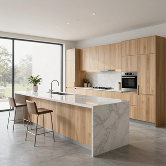 Modern kitchen with light wood cabinets, marble island, bar stools, and large window.